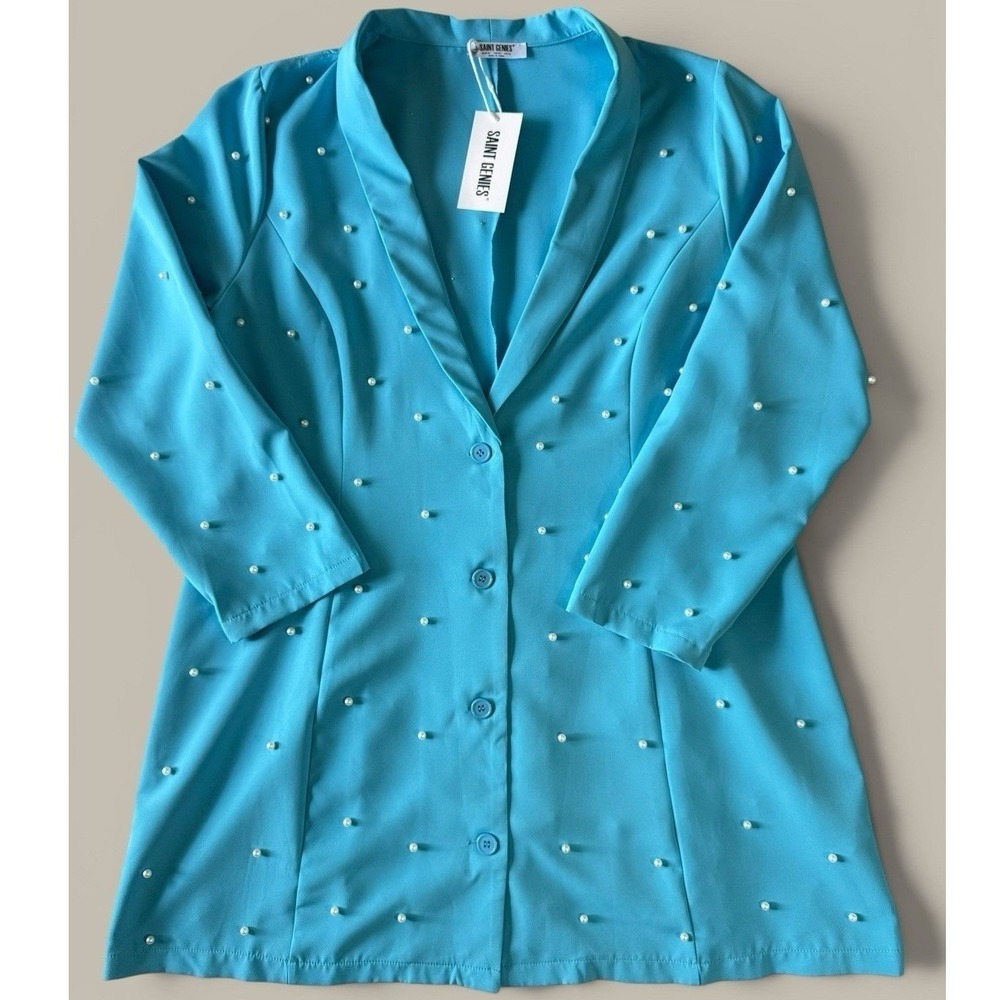 Saint Genies Pearl Embellished Tuxedo Blazer Dress 18 Turquoise Blue NWT Mini